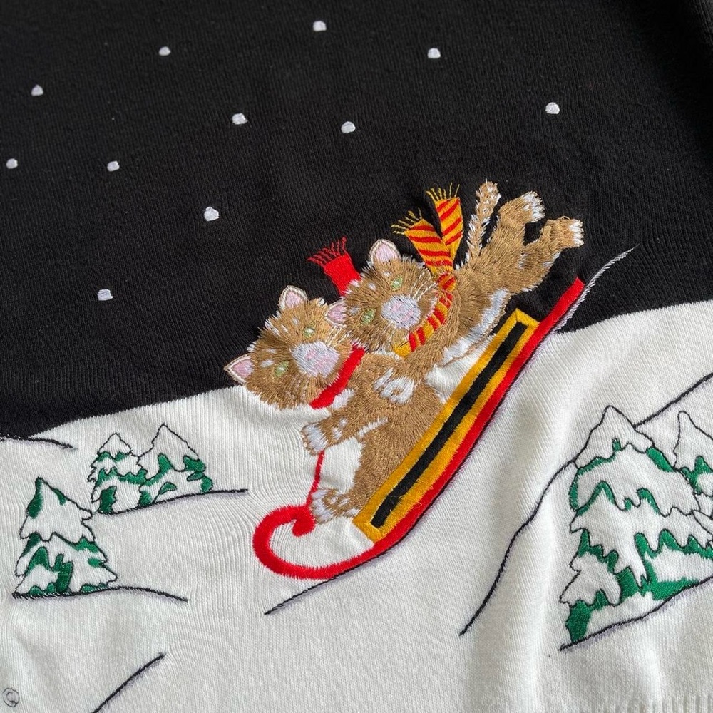 Vintage Cyn Les Shirlee Designs Cute Cats Kittens Embroidered Christmas Sweater - Picture 3 of 6